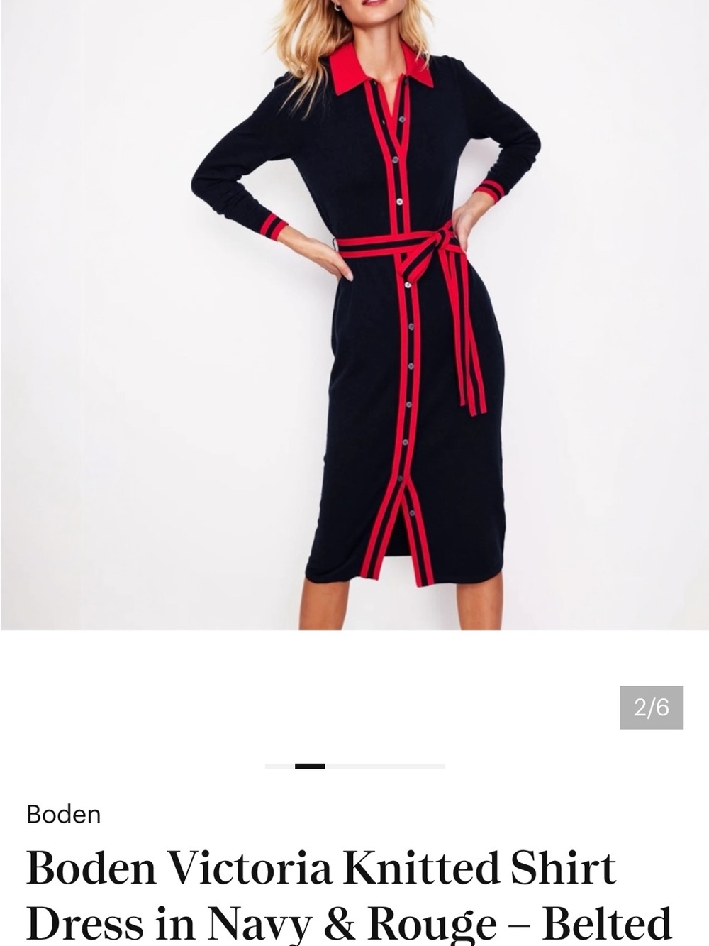 ISO Boden Navy Knit Shirt Dress with Rouge Trim